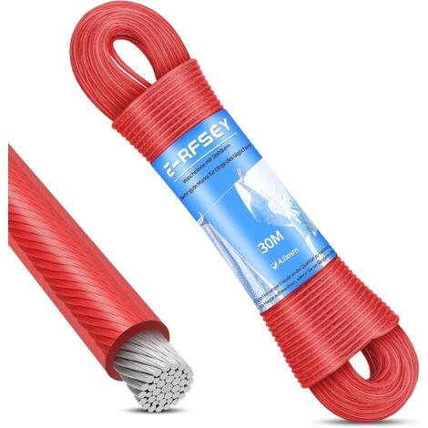 30M Corde à Linge, Corde à Linge en Acier, capacité de Charge 220 kg, Corde à Linge d'extérieur(diamètre 4 mm, Rouge)