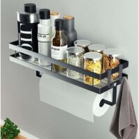 étagère à épices murale sans perage,etagere rangement,étagère à épices suspendue avec porte-rouleau de cuisine et 4 crochets amovibles, etagere cuisine, 35 cm Noir…