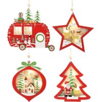 4 Pièces Decoration Noel Bois, LED Lumiere Noel Décoration Noel, Decoration Sapin Noel Bois Lumineux, Decoration de Noel Sapin Intérieur, Decoration Boule de Noel Sapin