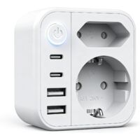 Multiprise USB, Multiprise Murale, Prise Multiple 6-en-1, Multiprise avec 2 Ports USB A & 2 USB C, Prise Murale avec Interrupteur, Double Prise pour Maison, Bureau, Voyage, Blanco