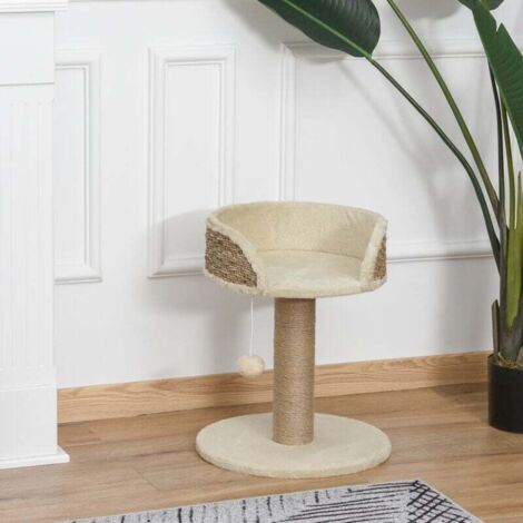 Arbre à chat arbre à grimper grattoir design jeu pompon suspendu + plateforme peluche 40 x 40 x 49 cm sisal beige (1/5)