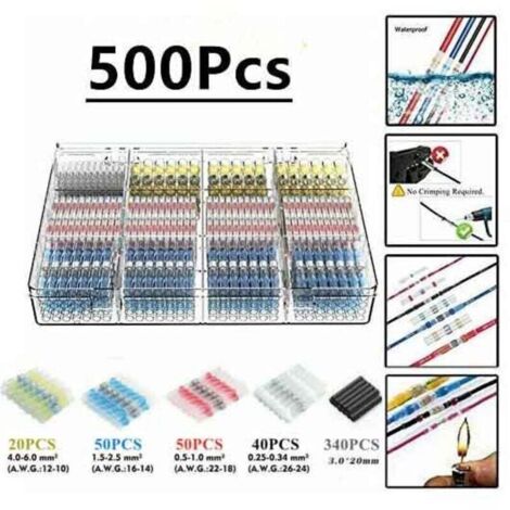 500 pcs Tube thermorétractable de borne de soudure électrique, Maidodo thermorétractable soudure bout à bout connecteur électrique isolé étanche marine automobile cuivre (1/5)
