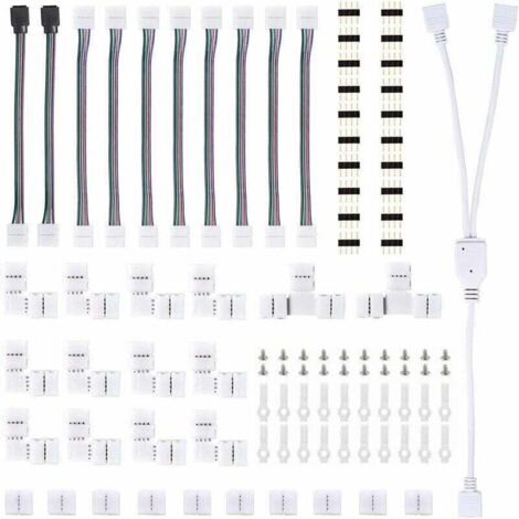 Connecteurs de Bande, Kit Connecteur Bande Lumière LED, avec Connecteurs Mâles 4 Broches Connecteurs LED Forme de L, Connecteur Bande LED RGB 5050, pour LED 10mm Ensemble d'Accessoires d'Extension,