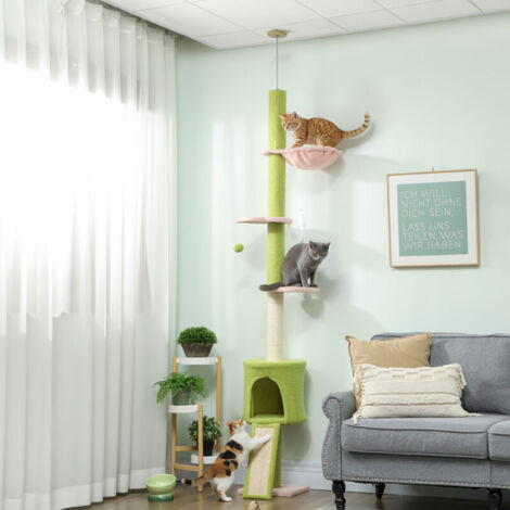 Arbre à chat du sol au plafond 5 niveaux hauteur réglable 220-240 cm plateformes fleur avec griffoir niche hamac vert (1/5)