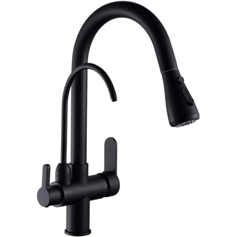 Robinet d'évier de cuisine avec douchette extractible, 2 poignées, purificateur d'eau 3 en 1, noir (1/5)