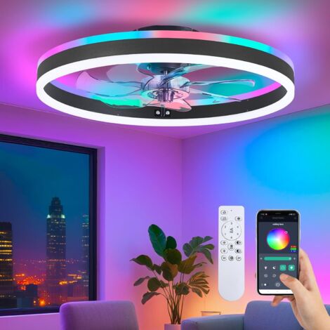 Ventilateur de plafond RGB avec éclairage, suspension extra-plate de 50 cm avec éclairage et télécommande，Contrôle par application, noir