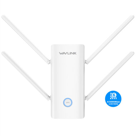Répéteur WiFi 6 WAVLINK AX3000 - Répéteur Internet WiFi avec 5 antennes à gain élevé et formation de faisceaux, couverture double bande pour toute la maison, ports Gigabit, modes répéteur/point d'accè