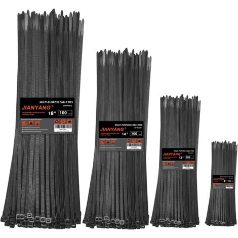 Attaches autobloquantes de différentes tailles, 8 + 12 + 14 + 18 pouces, dents double face, résistance à la traction de 100 livres, attaches de câble robustes (paquet de 400) (1/5)