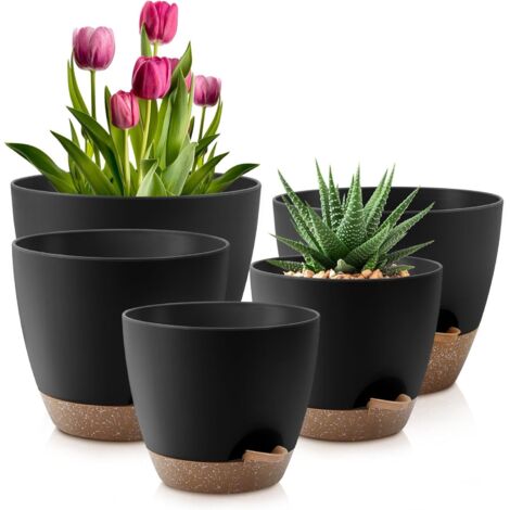 Pots de fleurs auto-arrosants 8/7/6,5/6/5,5/5 pouces, lot de 5 pots de fleurs en plastique avec trous de drainage et plateau, pots de fleurs en plastique, pots de pépinière pour plantes d'intérieur et (1/5)