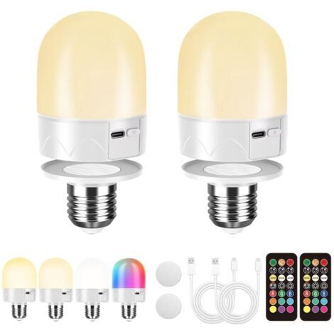 Ampoule rechargeable USB avec télécommande, culot E27, ampoule RGB rechargeable à changement de couleur, 12 températures de couleur, intensité variable, 3 minuteries, veilleuse sans fil, 800 lm, lot d