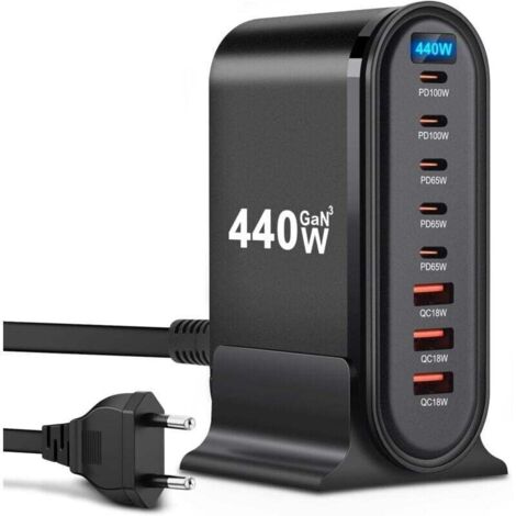 Chargeur USB C - 440 W - 8 ports - Chargeur rapide - Chargeur USB pour iPhone, iPad Pro, MacBook, téléphones portables Samsung (1/4)