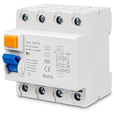 Disjoncteur différentiel FI 40 A 30 mA 4 pôles, type B, Disjoncteur différentiel Fi RCD 40 A 30 mA 4 pôles, interrupteur à courant continu