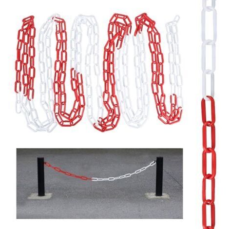 Chaîne de signalisation en plastique rouge et blanc - 6 mm d'épaisseur - Chaîne en plastique - Chaîne d'avertissement avec mousquetons pour le blocage - Pour chantier, parking, file d'attente