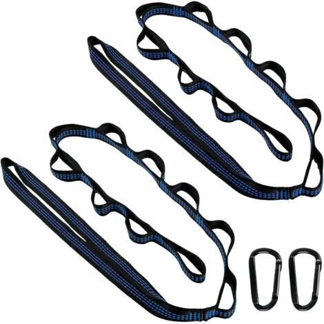 Lot de 2 sangles de suspension pour hamac, 300 kg, pour arbre, suspension, balançoire, corde avec 2 mousquetons à crochets, pour camping, extérieur, randonnée - Bleu