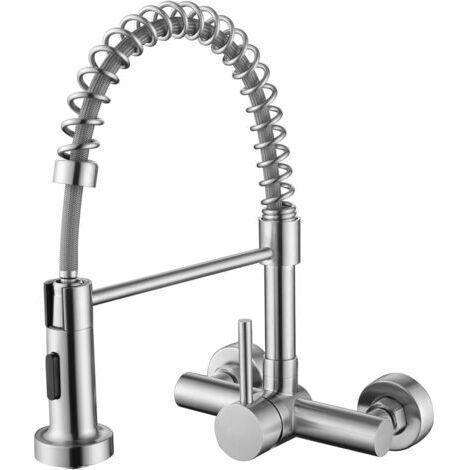 Robinet de Cuisine Mural avec Bec Flexible, Mitigeur Evier avec 2 Types de Jet, Robinetterie eau Chaude et Froide Rotatif à 360°, Acier Inoxydable SUS304, Mousseur Démontable, Brossé