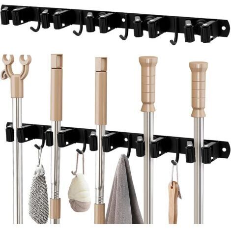 Lot de 2 supports muraux pour balais en acier inoxydable avec 5 supports + 4 crochets, porte-balai, support mural pour outils de jardin, balcon, salle de bain, jardin, cuisine