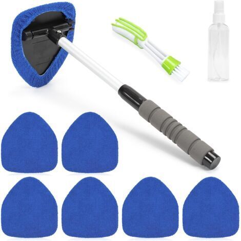 Nettoyeur de Pare-Brise avec 6 Tampons en Microfibre, Flacons Pulvérisateurs et Manche Télescopique Rotatif à 180 Degrés, Kit de Lavage de Fenêtres de Voiture, Bleu