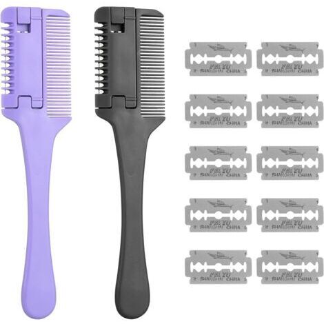 Peigne à effiler pour cheveux, peigne à effiler, outil de coupe de cheveux, double face, avec 10 lames de rechange, pour adultes et enfants