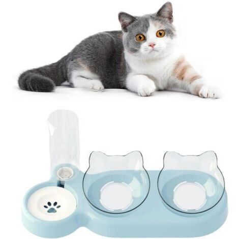 Gamelle Double Chat Surélevée avec Distributeur d'Eau - Bol Réglable avec Support pour Nourriture, Évite Les Blessures au Cou (Bleu)