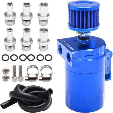 Kit de réservoir séparateur d'huile/gaz en aluminium de 350 ml, réservoir à chicane poli avec filtre de reniflard et conduite de carburant universelle de 3/8" (bleu) (1/5)