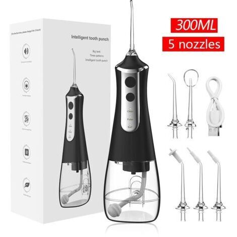 Hydropulseur buccal portable, sans fil et rechargeable, avec 5 modes, 5 embouts, capacité de 300 ml, étanche (IPX7) pour la maison et les voyages