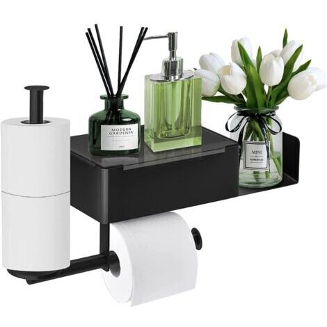 Porte-papier toilette mural noir avec étagères et boîte à lingettes humides, support pour 2 rouleaux pour salle de bain et cuisine (1/5)