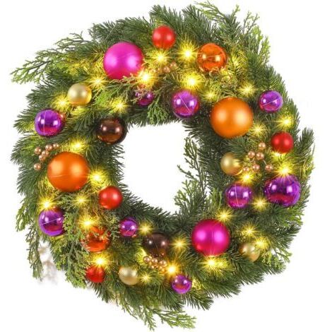 Couronne de Noël Porte Artificielle, LED Guirlande de Noël Minuterie à Piles Décoration Pin Epicéa Intérieur Extérieur Sapin Couronne Lumineuse Décor Porte Vitre Fenêtre Noël Multicolore (1/5)