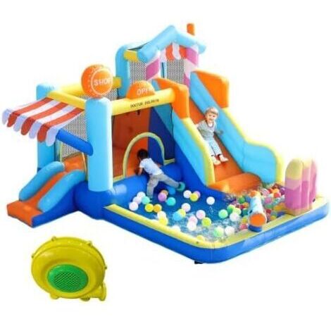 Château gonflable avec ventilateur, parc aquatique, château gonflable pour enfants, trampoline, petit toboggan, fontaine, pistolets à eau, auvent de magasin, ventilateur de 450 W inclus