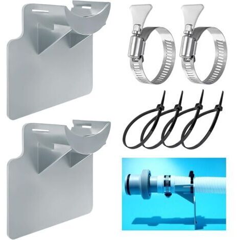 Lot de 2 supports de tuyau de piscine, accessoires de piscine hors sol avec collier de serrage et protection anti-torsion en plastique (gris)