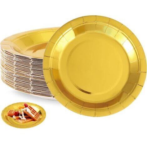 50 Pièces Assiettes à Dessert Or, Assiette Anniversaire, 7 Pouces/18cm Assiettes en Carton, Assiettes Dorées, Jaune Papier Assiette pour Fêtes, Noël, Mariages, Anniversaires (1/5)