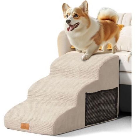 Escalier pour Chiens à 3 Marches, Rampe pour Chien avec Poignées et Sac de Rangement, Escalier Chien en Éponge Haute Densité, Marches pour Chiens pour Animal Âgé/Blessé