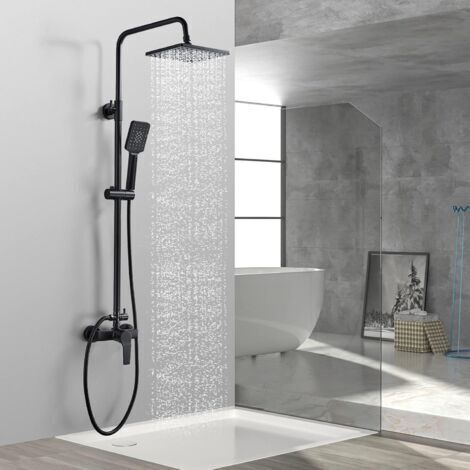 Colonne de Douche Noir avec Mitigeur Monocommande, Ensemble de Douche Réglable en Hauteur, Mitigeur Mécanique Set de Douche avec Tête de Douche Ronde 20CM et Douchette 3 Jets en ABS
