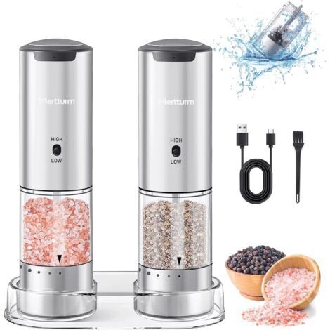 MERTTURM Moulin à Poivre Électrique Rechargeable, Moulins Sel Poivre Automatique avec Externe Grossièreté Réglable, Récipient Transparent Lavable de 95ml, Idéal pour Cuisine, BBQ, Camping(2 Pcs)