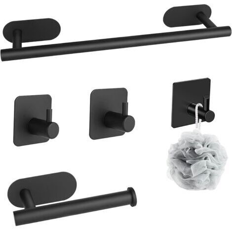 Porte Serviette Salle de Bain, 5PCS/Set Porte Serviette sans Percage en Acier Inoxydable avec Porte Papier et Crochet, Murale Ensemble de Porte Serviettes Bain pour Bain Cuisine 40cm, Noir (1/5)