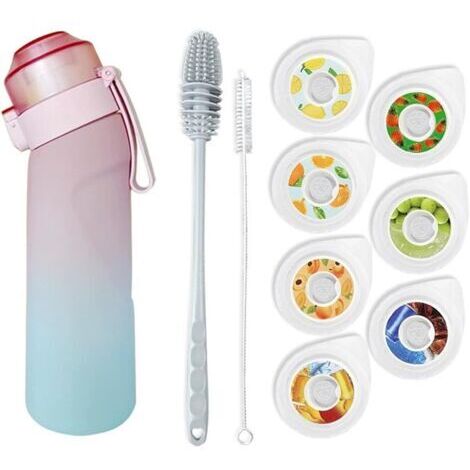 Gourde de sport universelle avec 7 jeux de capsules aromatiques, goupillon et dosettes parfumées. Sans sucre, sans BPA, idéale pour la salle de sport, le bureau et la course à pied. Dégradé de rose.