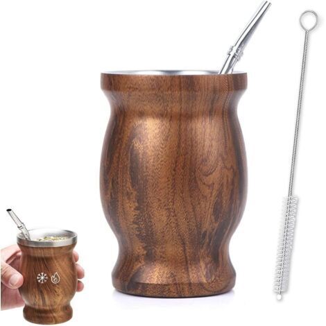 Tasse à Maté, Maté Tasse, Set de thé au Maté, 230ML Ensemble de Maté, avec Paille Et Brosse de Nettoyage, set de Gobelets à Maté en acier Inoxydable, pour Cuisines, Restaurants, Veines du Bois