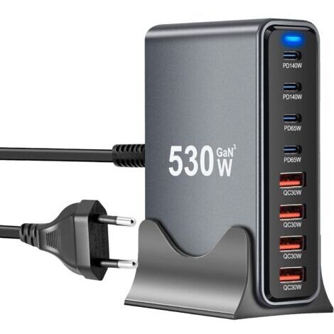 Chargeur USB C 530 W avec 8 ports, GaN III USB Chargeur rapide multiple avec 4 ports USB-C et 4 ports USB-A, Power Delivery, station de charge USBC pour MacBook Pro/Air, iPhone, iPad, Samsung plus