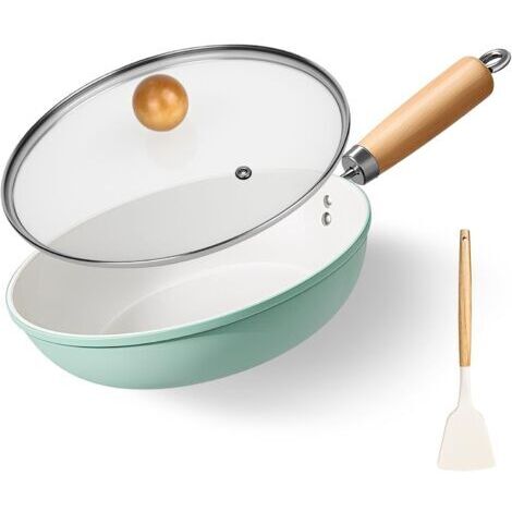 Poêle à frire en céramique antiadhésive 24 cm - Avec poignée et couvercle amovibles - Spatule en silicone en bois massif - Sans PTFE - Sans PFOA - Passe au lave-vaisselle - Beige