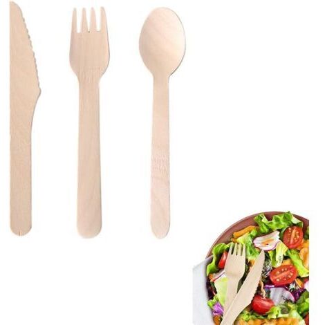 Impatiens 300 Pièces Couverts en Bois Jetables, Couverts en Bois Biodégradables, Couverts en Bois Jetables Set, Écologique, pour Camping, Barbecue (100Fourchette, 100Couteau, 100Cuillère)