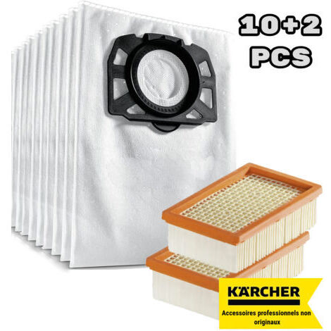 Convient pour Kärcher WD 4, WD 5, WD 6, WD 4290 / 5200 M / 5300 M / 5600 MP Sac filtre à peluches + filtre plat plissé (pack de 10+2)