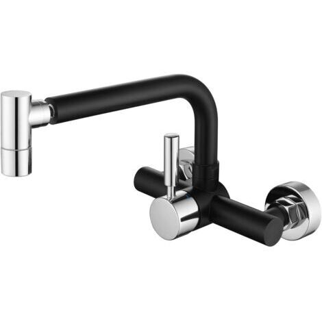 Robinet de Cuisine Mural avec 2 Jets d'eau, Mitigeur Évier 2 Méthodes d'installation, Robinetterie Rotatif pour Cuisine, Eau Chaude et Froide, Cartouche Céramique, Noir