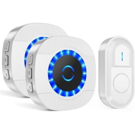 Sonnette sans Fil Exterieur Etanche, 300M Sonnette de Porte, Étanche Electronique Kit de Carillon avec 2 Récepteurs Enfichables pour la Maison, 55 Mélodies, 5 Niveaux Volumes, LED Bleu