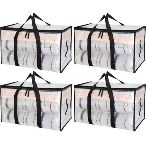 Grand Rangement Vetement 90L, 4 Pièces Boîte de Déménagement Transparente, Sac Rangement Vetement, sac rangement couette, Housse Vetement avec poignée pour Ranger et Organiser les Vêtements