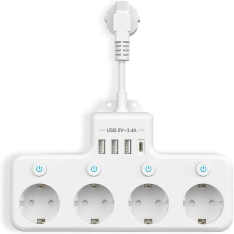 Prises Multiples avec USB, Multiprise 4 Compartiments avec Interrupteur Unique Multiprise avec 3 USB & 1 Type-C (5V 3.4A) pour Cuisine Salon Chambre Bureau