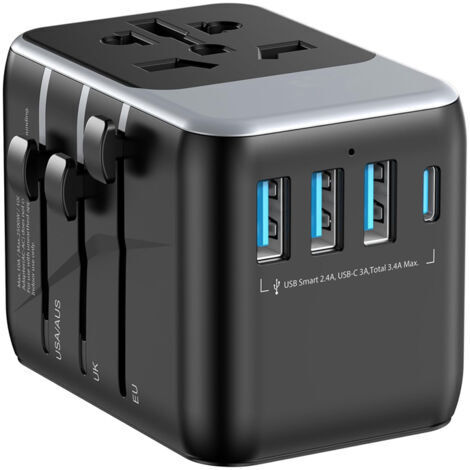 Adaptateur de voyage, adaptateur de prise universel avec 3 USB, adaptateur international France vers États-Unis Canada Royaume-Uni Australie Chine Japon Irlande, prise mondiale vers France, type A/C/G