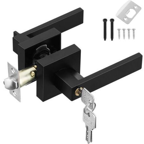 Poignée de porte intérieure noire avec serrure et clé - Poignée de porte d'entrée carrée pour chambre, bureau, gauche ou droite (1/5)