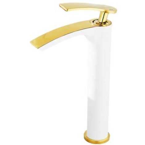 Robinet haut de comptoir à 1 poignée pour lavabo de salle de bain à trou unique Montage sur pont or blanc(version longue) (1/5)
