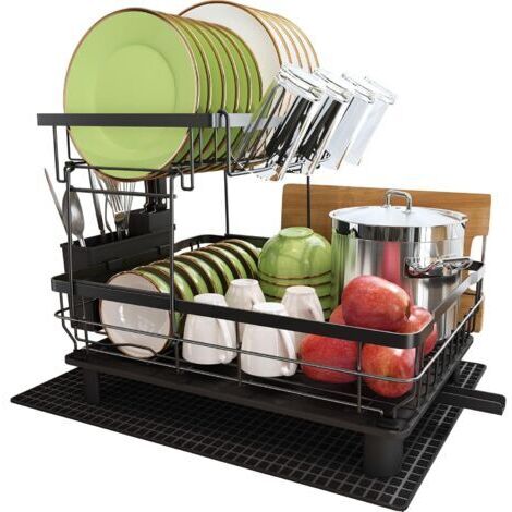 Égouttoir à vaisselle de cuisine à deux niveaux, égouttoir à vaisselle en acier inoxydable avec porte-gobelet et porte-couverts, grand égouttoir à vaisselle noir avec fonction de vidange automatique