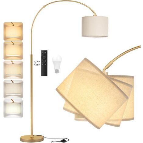 Lampadaire sur Pied Salon, LED E27 Lampe a Pied avec Télécommande, Lampadaire Arc Vintage, 3000K-6000K Intensité Variable pour Salon Chambre Bureau, Abat-jour Beige et Socle Doré, 180cm