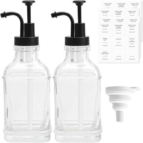 Lot de 2 distributeurs de sirop en verre de 500 ml avec pompes et étiquettes pour sirop de café, cuisine, bar, avec entonnoir et 36 autocollants